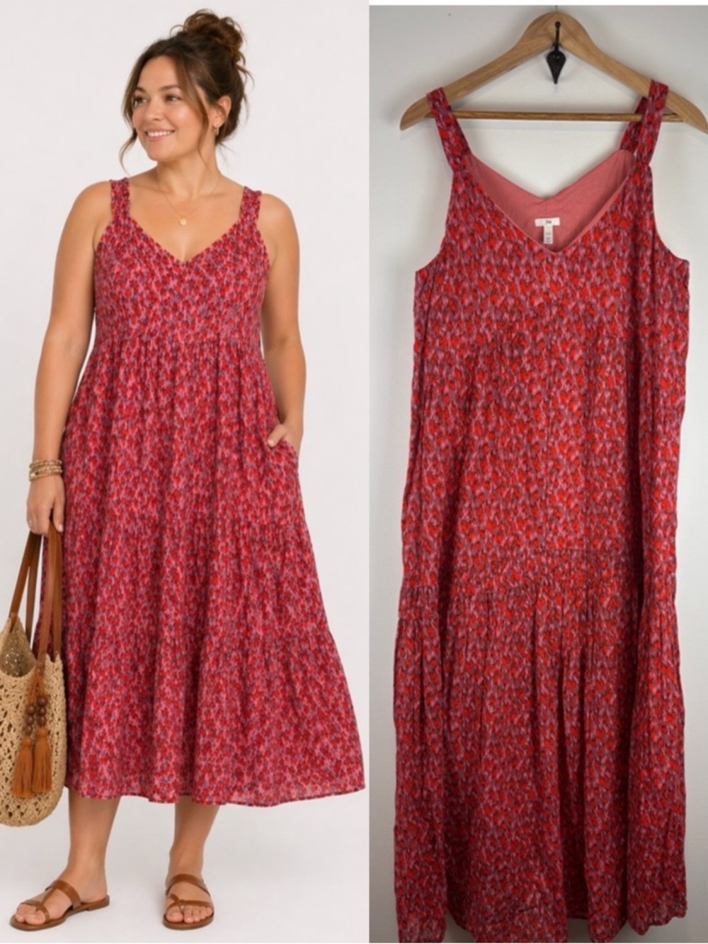 Joie Dress Sz Med tiered Boho Midi Pink Red Print Flowy Sleeveless Cotton